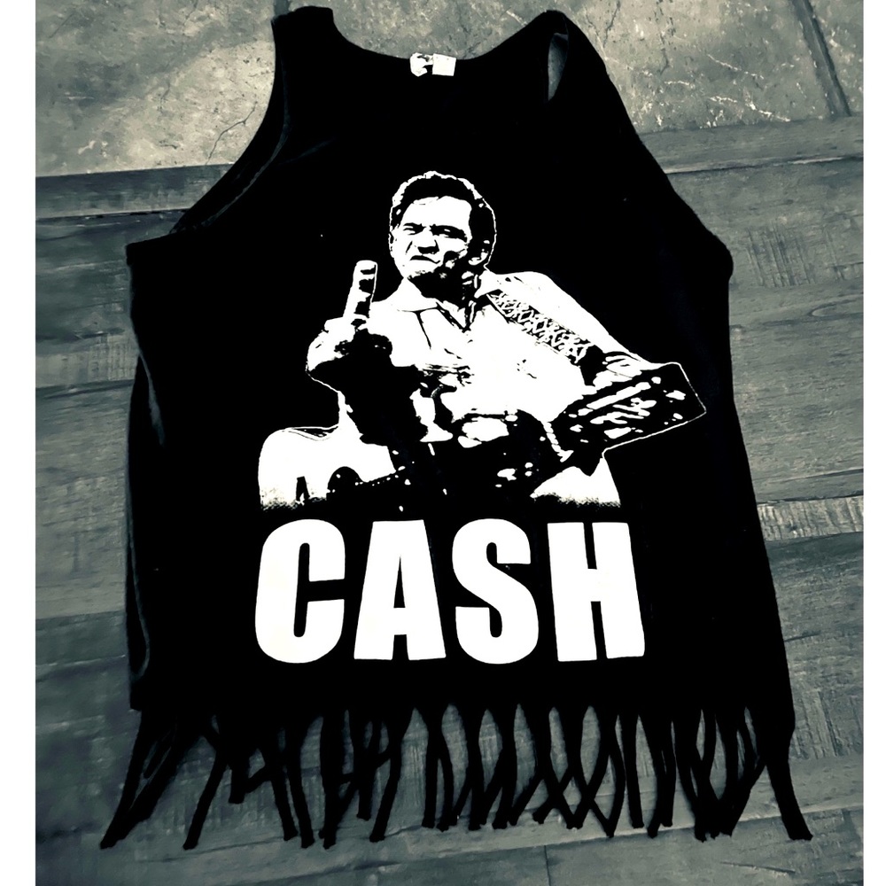 Johnny Cash Original Black Tank Fringe Hem Med